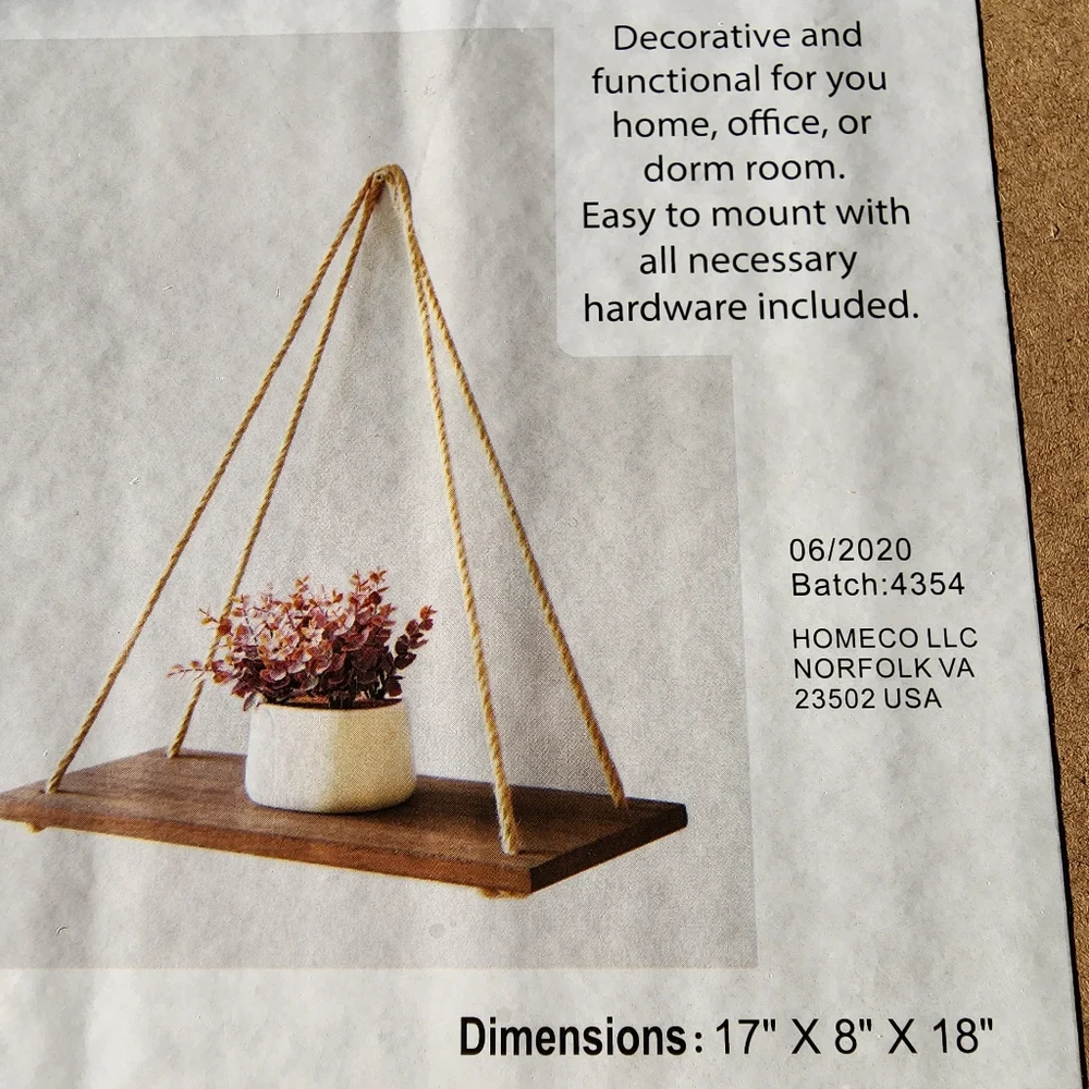 Set of Two Distressed Wood Hanging Swing Rope Floating Shelves‎ 17x8x18in